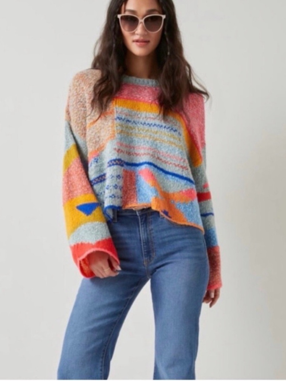 Moon & Madison Chunky-Knit Colorblock Cropped Sweater Geometric Wool Blend Sz S